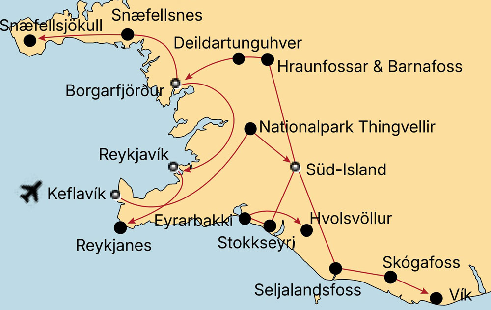 Karte mit der Route der Mietwagenreise